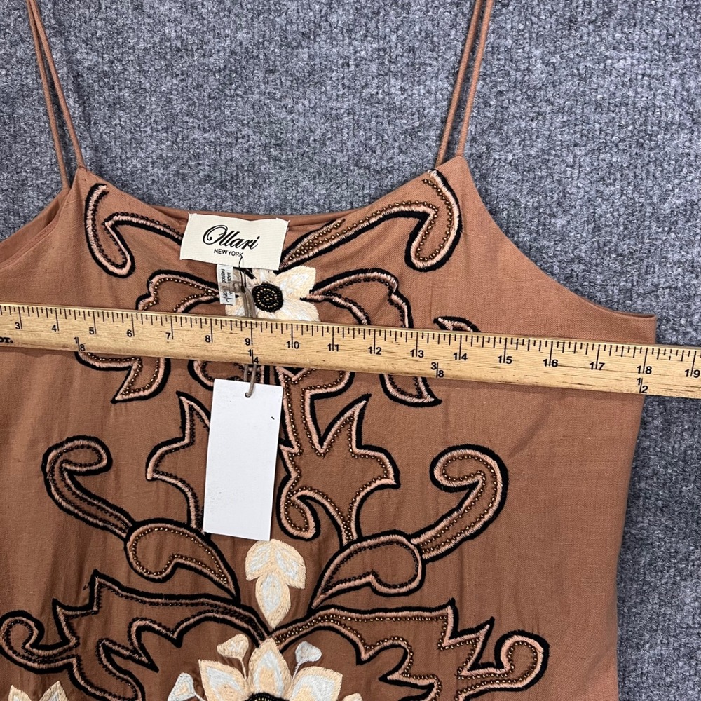 New Ollari New York Anthropologie dress L Embroidered Beaded Floral Cotton Strap - Picture 5 of 9
